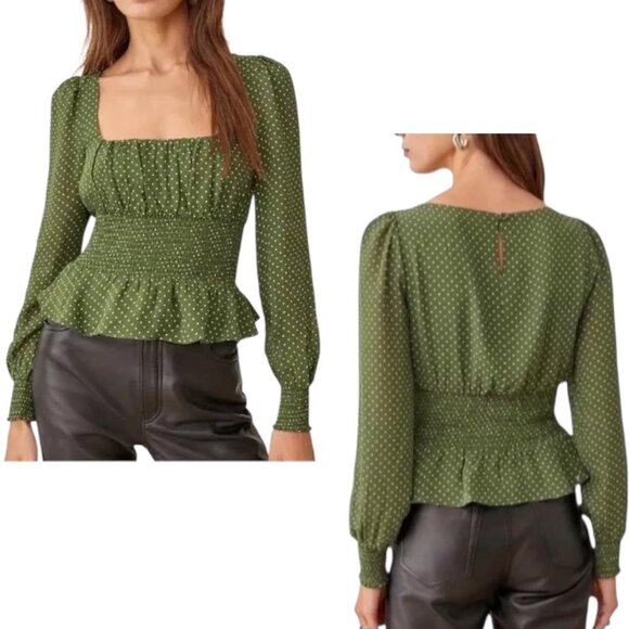 Reformation Tops - Reformation, Women’s ‘Hearth’ Top, Smocked Polka-Dot, Square Neck, Green, Size 4
